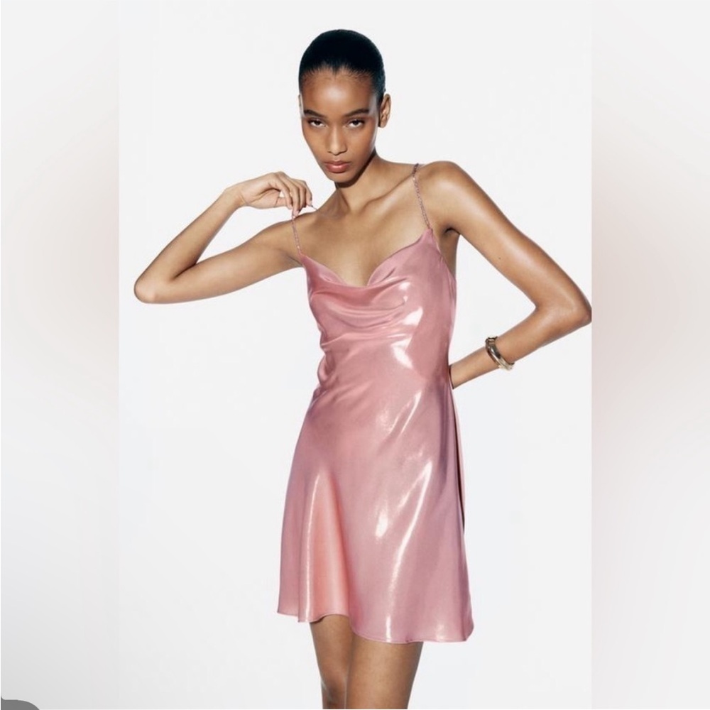 ZARA Rhinestone Foil Mini Dress Pink Rose Gold Metallic